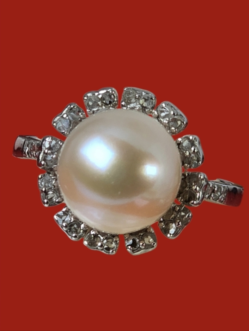 925 Sterling Silver Ring Sz 7 with Natural Freshwater Pearl & Natural Diamonds